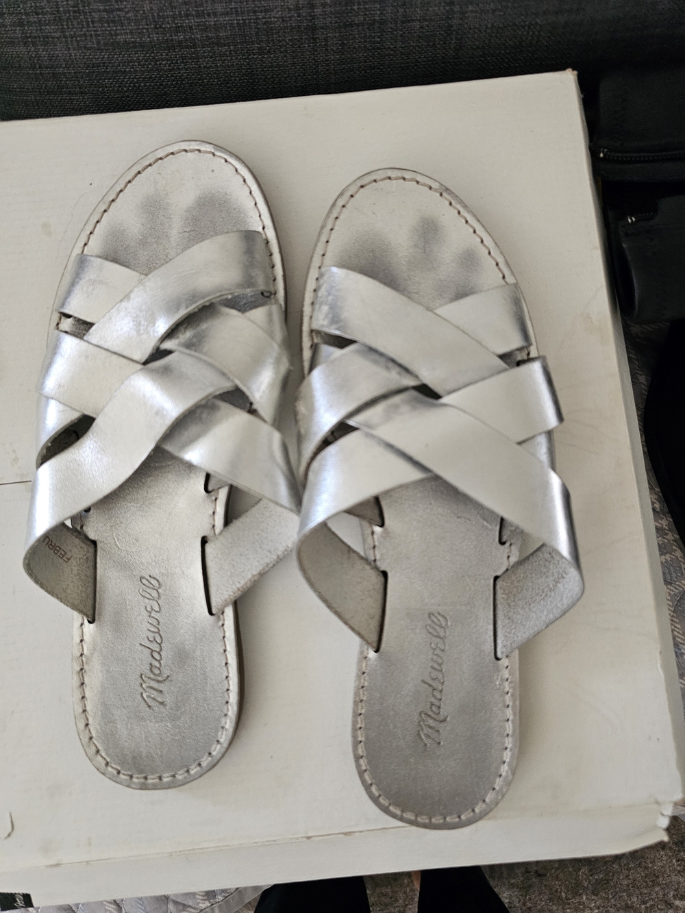 Madewell Metallic Silver Woven Slide Sandals
